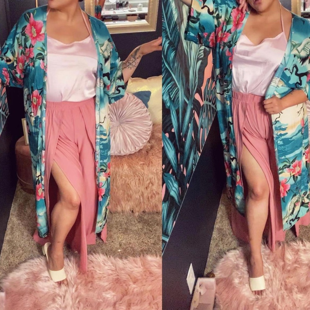 Floral Boho Long Kimono Duster Coverup Robe - Picture 2 of 4